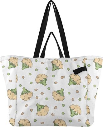 Generic Vegetables Broccoli White pattern Reusable Canvas Tote Bag, Heavy Duty Grocery Shopping Bag with Double Handles Large Capacity Hard Bottom Work Grocer