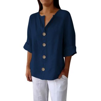 Generic Plus Size 3/4 Sleeve Linen Tops for Women UK Summer V Neck Mid Long Sleeve Tops Ladies Casual Loose Vacation Beach Solid Color down Blouses Tunic T Sh