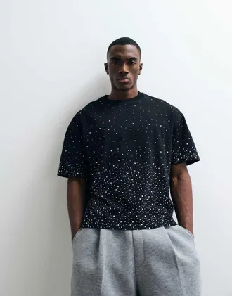 Cernucci T-shirt squadrata oversize 100% cotone nera decorata con strass-Nero