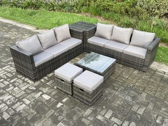 Fimous 8 Seater Rattan Garden Furniture Sofa Set with Side Table Square Coffee Table 2 Small Footstool Dark Grey Mixed