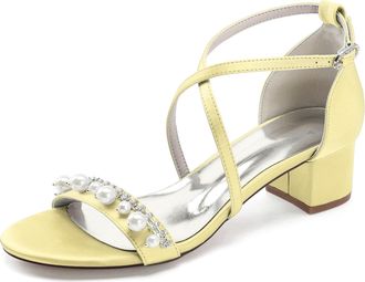 Generic Wedding Bridal Shoes Womens Open Toe Ankle Strap Chunky Heels Sandals Low Bridal Formal Prom Party Dress Shoes 4.5Cm,Yellow,10 UK