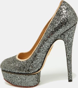 Charlotte Olympia Metallic Grey Coarse Glitter Dolly Pumps