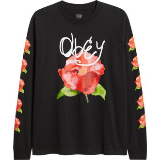 Obey Watercolor Poppy Long Sleeve Cotton Graphic T-Shirt in Black at Nordstrom, Size Xx-Large