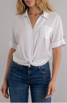Kut from the Kloth Rebel Knot Front Linen Blend Top in White at Nordstrom, Size X-Large