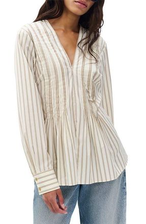 Rag & Bone Asher Stripe Pleated Cotton Blouse in Brown Stripe at Nordstrom, Size Xx-Small