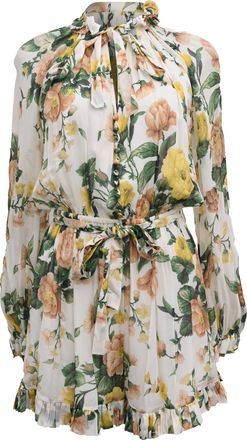 Zimmermann Zippy Belted Tie-Neck Chiffon Playsuit in Floral Print Viscose
