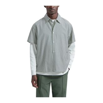 Olaf Hussein Seersucker Gestreept Shirt Houtskool Stijlvol Comfortabel - Heren - Korte mouwen Overhemden - Grijs - M - Katoen - Overhemden