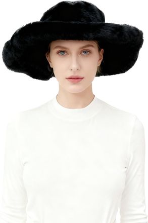Lina & Lily Oversized Womens Winter Bucket Hat Faux Fur Wide Floppy Brim (Black)