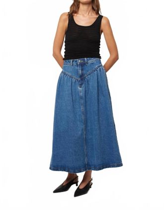 Rolla's Leonie Drop Waist Midi Denim Skirt In River Blue Wash