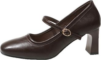 Generic Womens Mary Jane Pumps Square Toe Buckle Strap Casual Block Heel Dress Shoes for Party and Business (7.5,Brown)