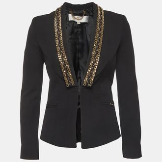 Elisabetta Franchi Gold Black Crepe Chain Trim Blazer