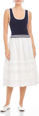 Fifteen Twenty Thea Mixed Media Midi Dress in Navy W/White at Nordstrom, Size X-Small