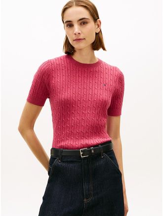 Tommy Hilfiger Womens Short-Sleeve Cable Knit Sweater - Pink - XXL