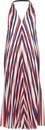Tome beige red navy chevron print pleated V neck black trim midi dress S