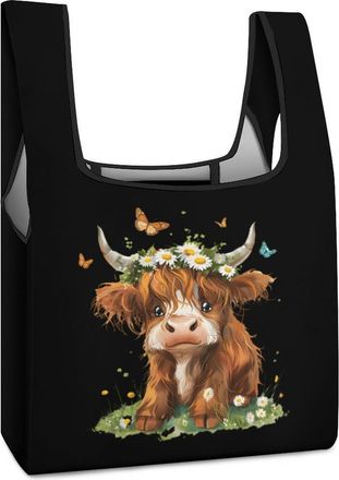 Generic Cute Highland Cow with Flowers Shopping Bag Reusable Grocery Tote Bag Foldable Handbag for Travel Picnic