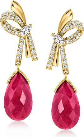 Ross-Simons Ruby Bow Drop Earrings With White Topaz in 18kt Gold Over Sterling