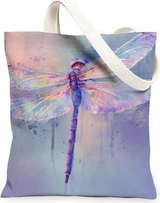 Generic Dragonfly Canvas Tote Bags, Insect Art Reusable Grocery Bags, Spring Watercolor Lightweight Washable Shoulder Strap Canvas, Violet, 13x15 Inch