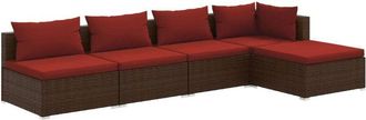 vidaXL Set Sof&aacute;s De Jard&iacute;n 5 Piezas Y Cojines Rat&aacute;n Sint&eacute;tico Marr&oacute;n Vidaxl