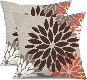 OEM Fundas De Almohada De 40x40 Cm (paquete De 2) En Tonos Marr&oacute;n, Rojo Y Naranja, De Lino Con Estampado Floral, Impermeables, Aptas Para Uso Interior Y E