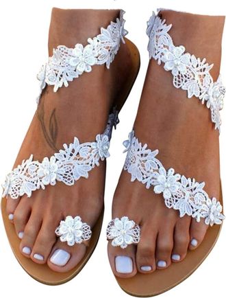 Generic Rhinestone Flats Sandals for Women 2026 Trendy Lace Flower Design Flat-bottom Beach Shoes Dressy Summer Pearl Strappy Toe Ring Boho Sandal Elegant Flo