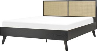 Beliani Cama Con Somier Negro Madera Clara 160 X 200 Cm Cabecero Monpazier