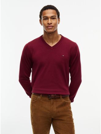 Tommy Hilfiger Mens Solid Logo V-Neck Sweater - Burgundy - XXL