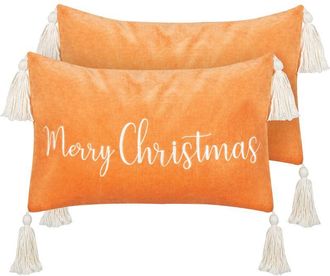 Beliani Conjunto De 2 Cojines De Terciopelo Estampado Navidad 30 X 50 Cm Funda De Algod&oacute;n Extra&iacute;ble Relleno Poli&eacute;ster Naranja Lithops