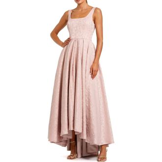 Mac Duggal Sleeveless Jacquard Square Neck High Low Gown in Blush at Nordstrom, Size 12