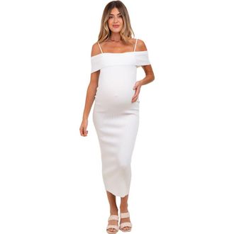 Pinkblush Rib Knit Off Shoulder Fitted Midi Dress in Ivory at Nordstrom, Size Small