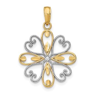 Diamond2Deal 14k Yellow Gold and White Rhodium Beaded Heart Petals Flower Charm Pendant