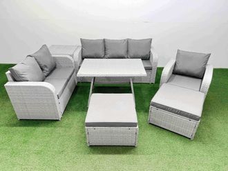 Fimous Patio Dining Table & Chairs Set with Reclining Chair 2 Big Stools in Light Grey