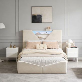 OEM Cama 140x190 Con Almacenamiento, Cama Ba&uacute;l Con Led, Cama Capiton&eacute; Con Somier De Lamas, Cama De 2 Plazas, Cama Para Adultos, Terciopelo Blanco Roto