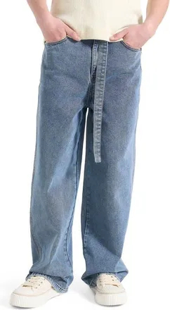 Mani&egrave;re De Voir Adam Wide Leg Belted Jeans in Blue Wash at Nordstrom, Size 30