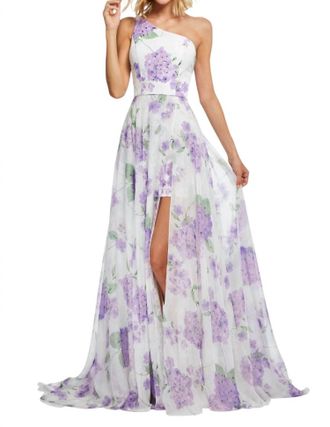 Sherri Hill Chiffon A-Line Floral Print Gown In Ivory Lilac