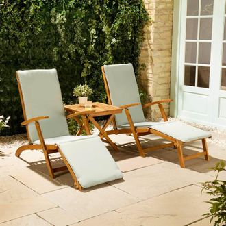 VonHaus Set of 2 Hudson Wooden Folding Garden Sun Lounger with Cushion in Natural