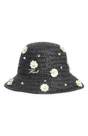 Karl Lagerfeld Embellished Straw Bucket Hat in Black at Nordstrom Rack
