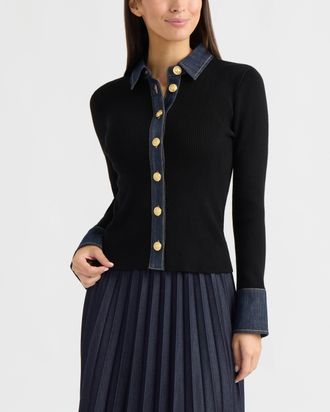 Ellen Tracy Womens Button Front Sweater with Denim Trims