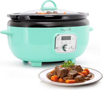 MegaChef 6.9 Quart Oval Electric Slow Cooker in Turquoise with Black Pot