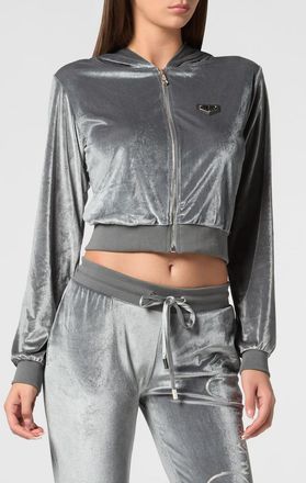 Philipp Plein Felpa cropped in velluto con cappuccio e logo di strass