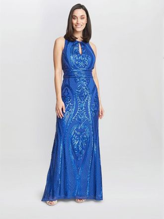 Gina Bacconi Womens Natalie Sequin Beaded Keyhole Maxi Dress - Blue - Size 18 UK