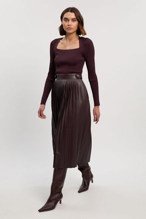 Karen Millen Womens Viscose Rib Pu Mix Tab Detail Pleated Knit Midi Dress - Burgundy - Size X-Small