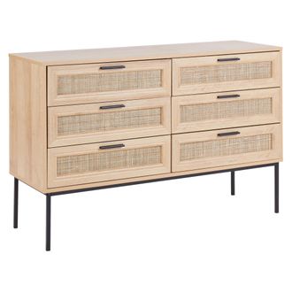 Beliani C&oacute;moda Con 6 Cajones Frente De Rat&aacute;n Tablero De Part&iacute;culas Patas De Metal Estilo Boho Sala De Estar Madera Clara Pasco