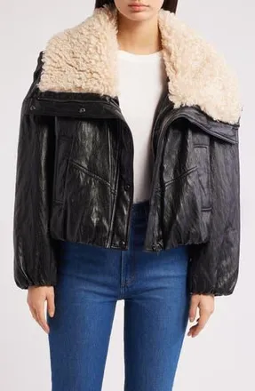 Mango Faux Leather Jacket with Faux Shearling Collar in Black at Nordstrom Rack, Size Large