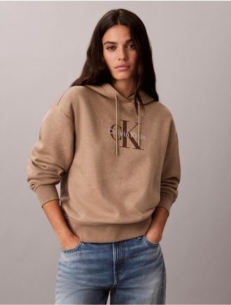 Calvin Klein Jeans Calvin Klein Womens Rhinestone Monologo Fleece Hoodie - Brown - XL