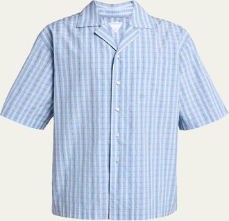 Bottega Veneta Mens Cotton and Silk Textured Plaid Short-Sleeve Shirt