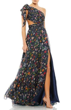 Mac Duggal Tied One Shoulder Cut-Out Flowy Gown in Navy Multi at Nordstrom, Size 12