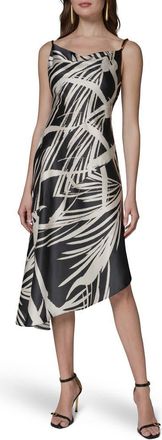 DKNY Print Cowl Neck Asymmetric Midi Dress in Black Cream at Nordstrom, Size 12