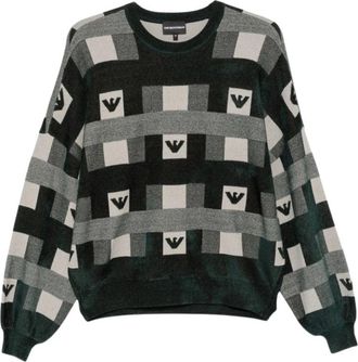 Emporio Armani Pullover met ronde hals en geblokte inleg en logo - Dames - Ronde hals truien - Grijs - XL - Polyester - Truien & Vesten