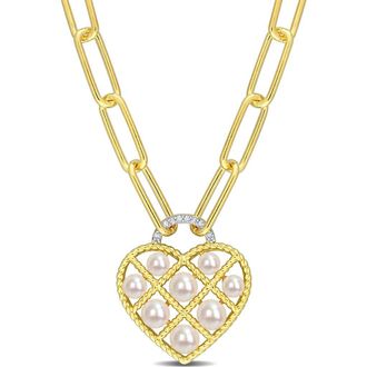 Delmar Yellow Gold Plated Sterling Silver 4.5-5mm Freshwater Cultured Pearl Diamond Heart Pendant Necklace - 0.01 ctw. in White at Nordstrom Rack