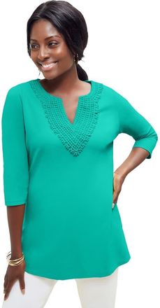 Jessica London Stretch Cotton Crochet Notch Neck Tunic in Aqua Sea at Nordstrom, Size Medium